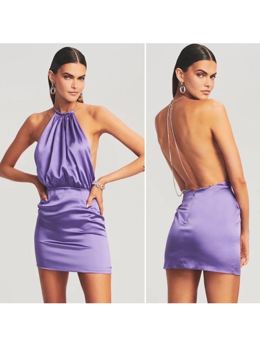 Retrofete Anahita Violet Satin Backless Halter Mini Dress
